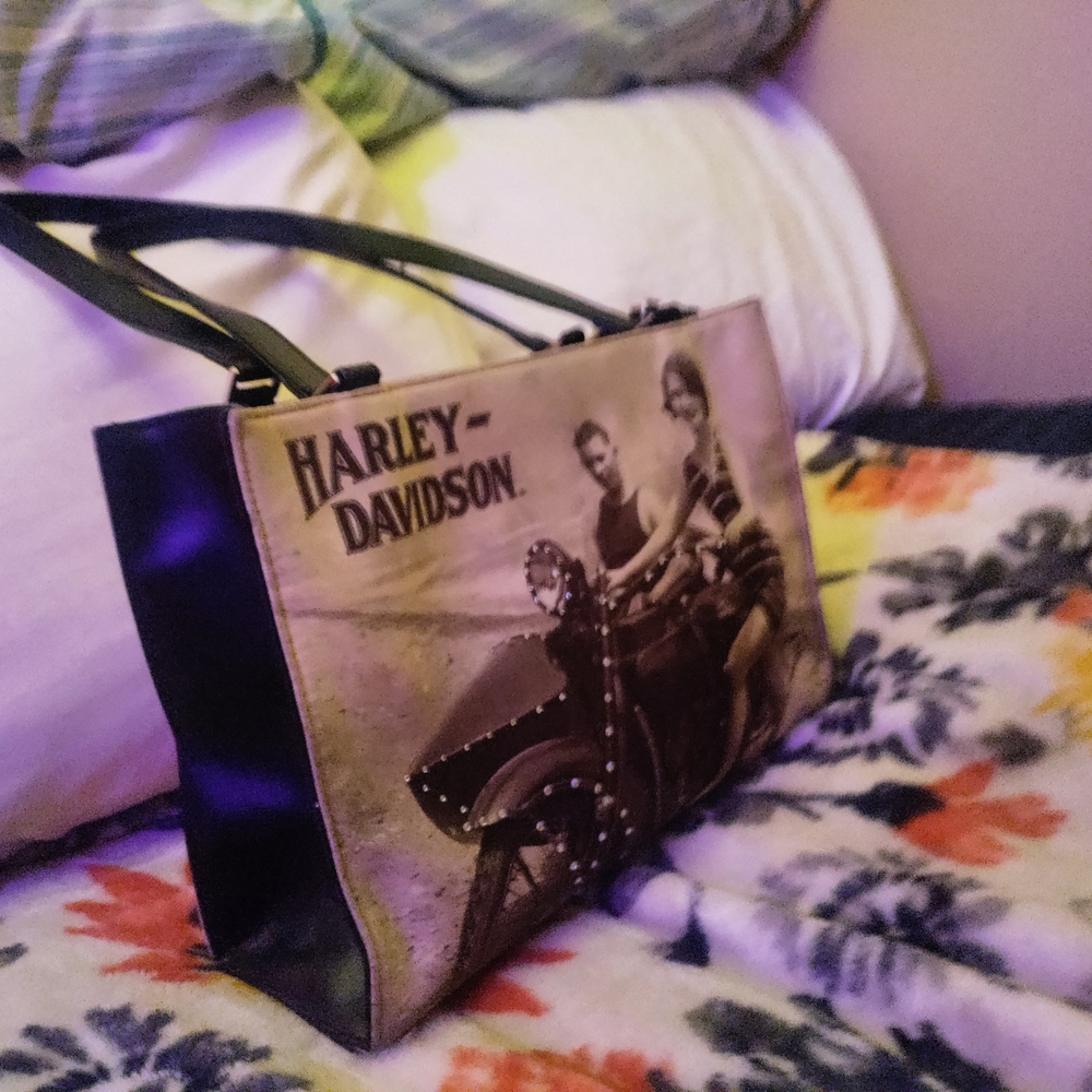 Harley-Davidson Vintage Print Black and Brown Shoulder Bag